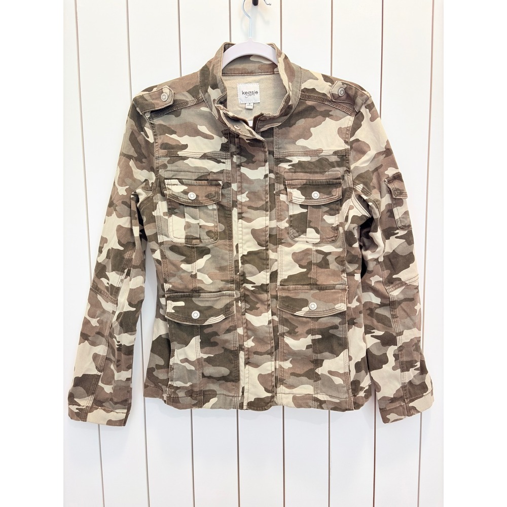 Kensie Military Boxy y2k 90s style Jacket Women S Green Camo Snap Pocket Street